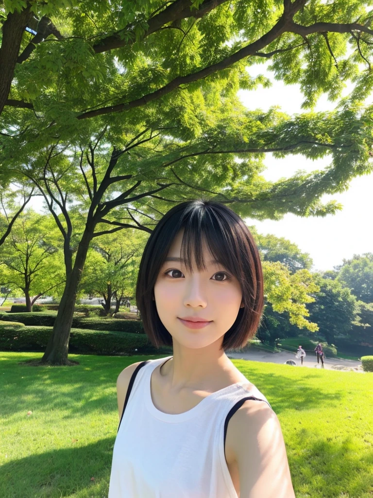 Beautiful japanese woman, short hair, wearing casual outfit, selfie with iphhon camera, selfie, front view, at park