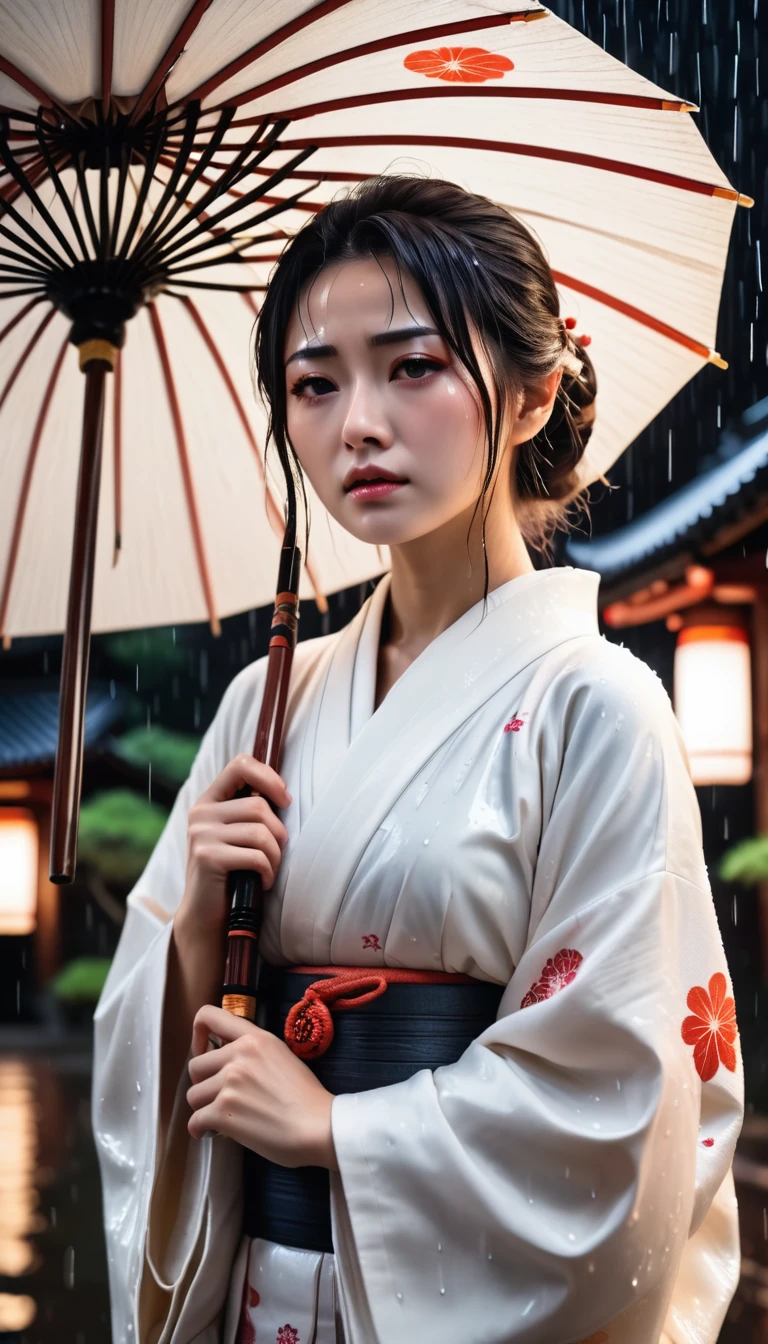 Woman soaked in the rain, A sad, despairing face, Wearing a plain white kimono, Dark Japanese shrine at night, Realistic, Breathtakingly high-quality photos,