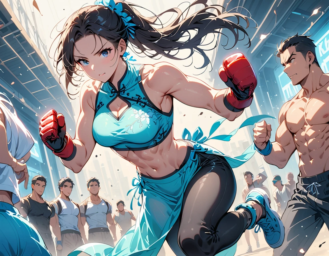 Boxing Match between muscular woman and doing a knee strike, six pack, no men in background , Chinese dress crop top, and leggings ,portrait,