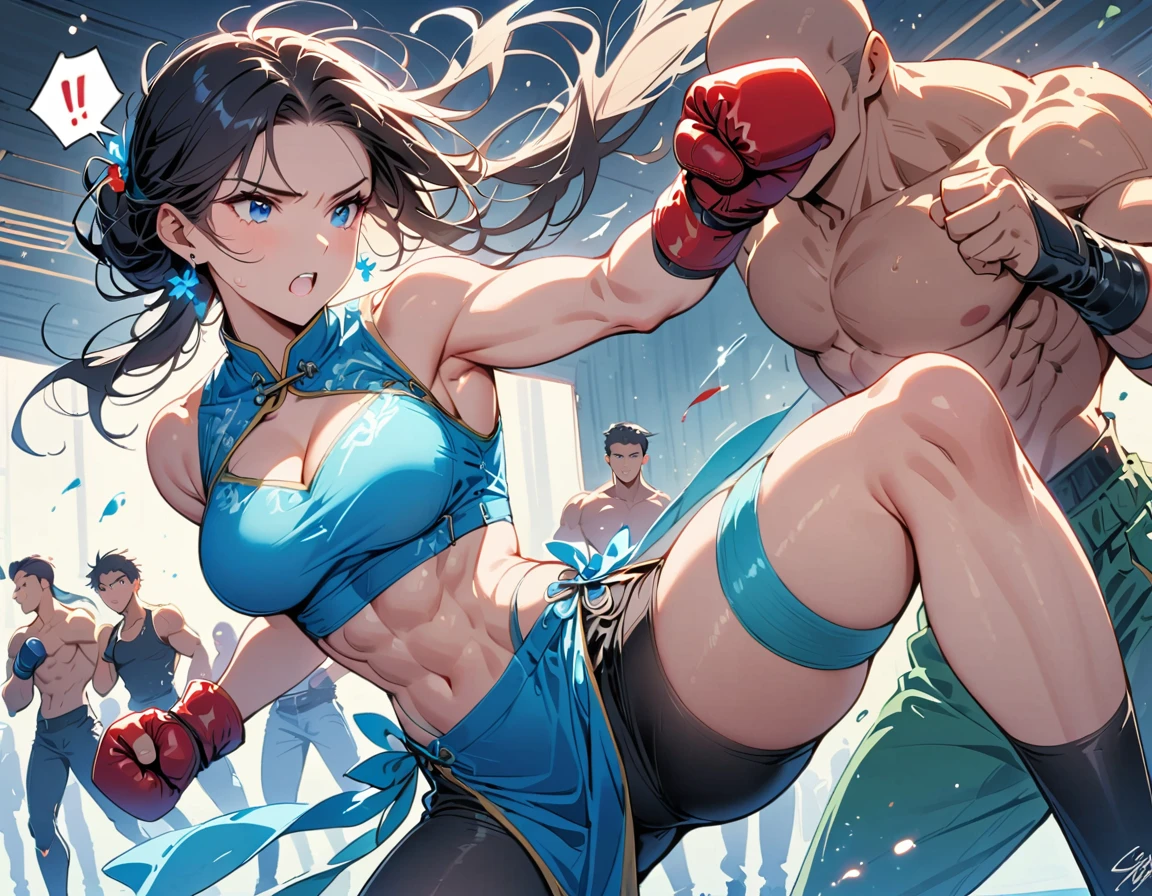 Boxing Match between muscular woman and doing a knee strike, six pack, no men in background , Chinese dress crop top,  and leggings ,portrait, 