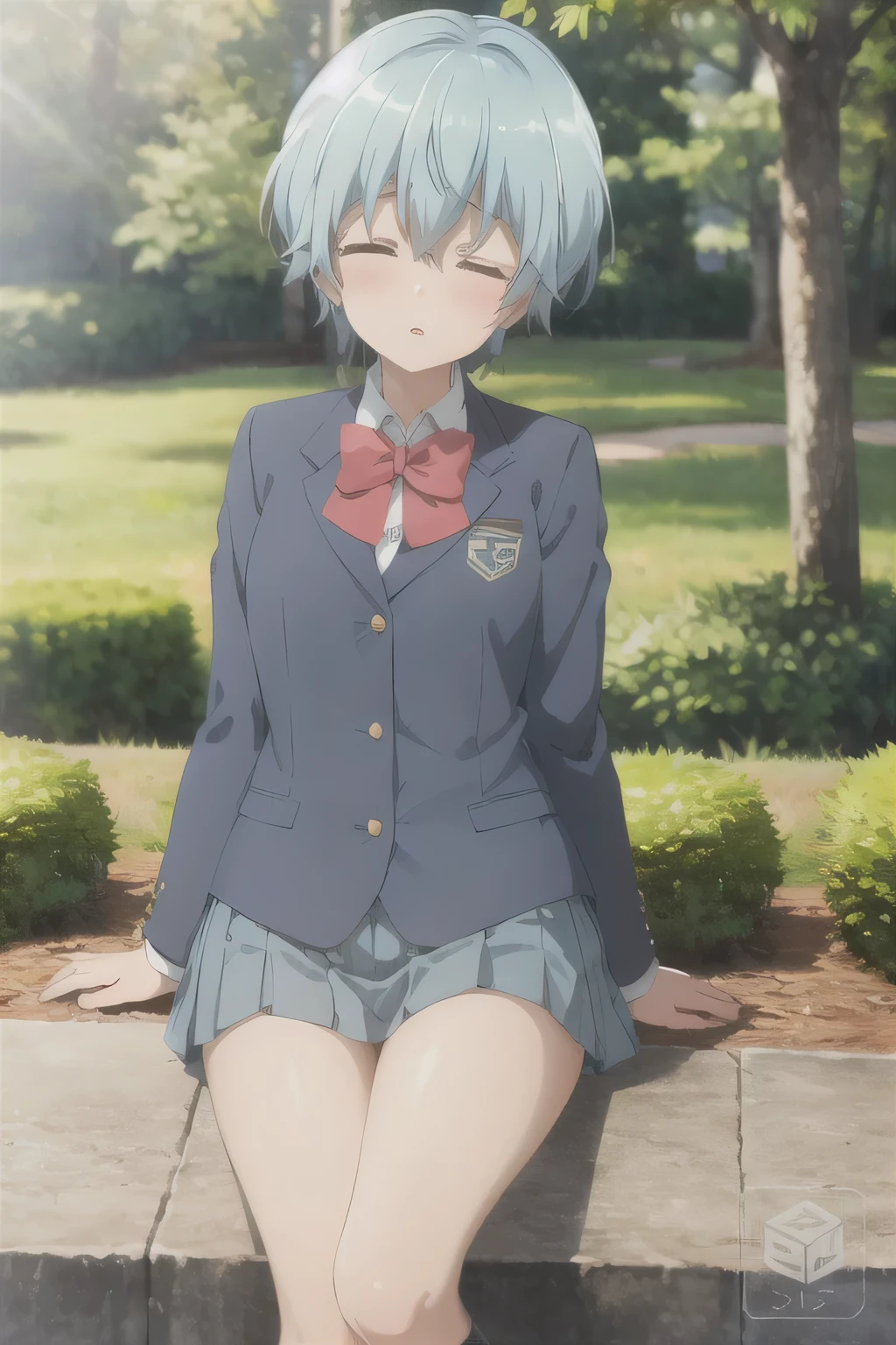 Sunlight，forest，Blue Hair，Close your eyes and act cute，Slightly blush，JK school uniform