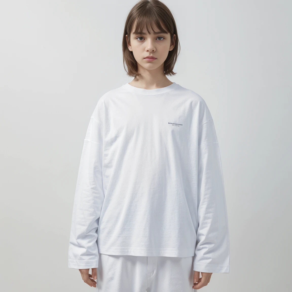 white oversize t-shirt no any patten on any logo,white oversize t-shirt , 10year old,all indigo color background,balenciaga concept fashion photo, Paris