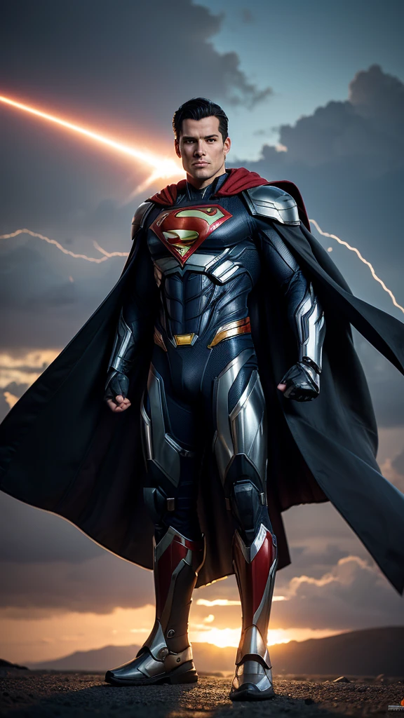 Masterpiece, best quality, NVIDIA RTX, sharp picture, cinematic lightning, hi-tech futuristic Superman, Superman symbol, perfect face, proportional body, luminous mecha-armor:1.3, glowing mecha armor:1.3, (cape blown by strong winds:1.3), on top of a bulding, full body, epic lights reflection, night, smokes, from above