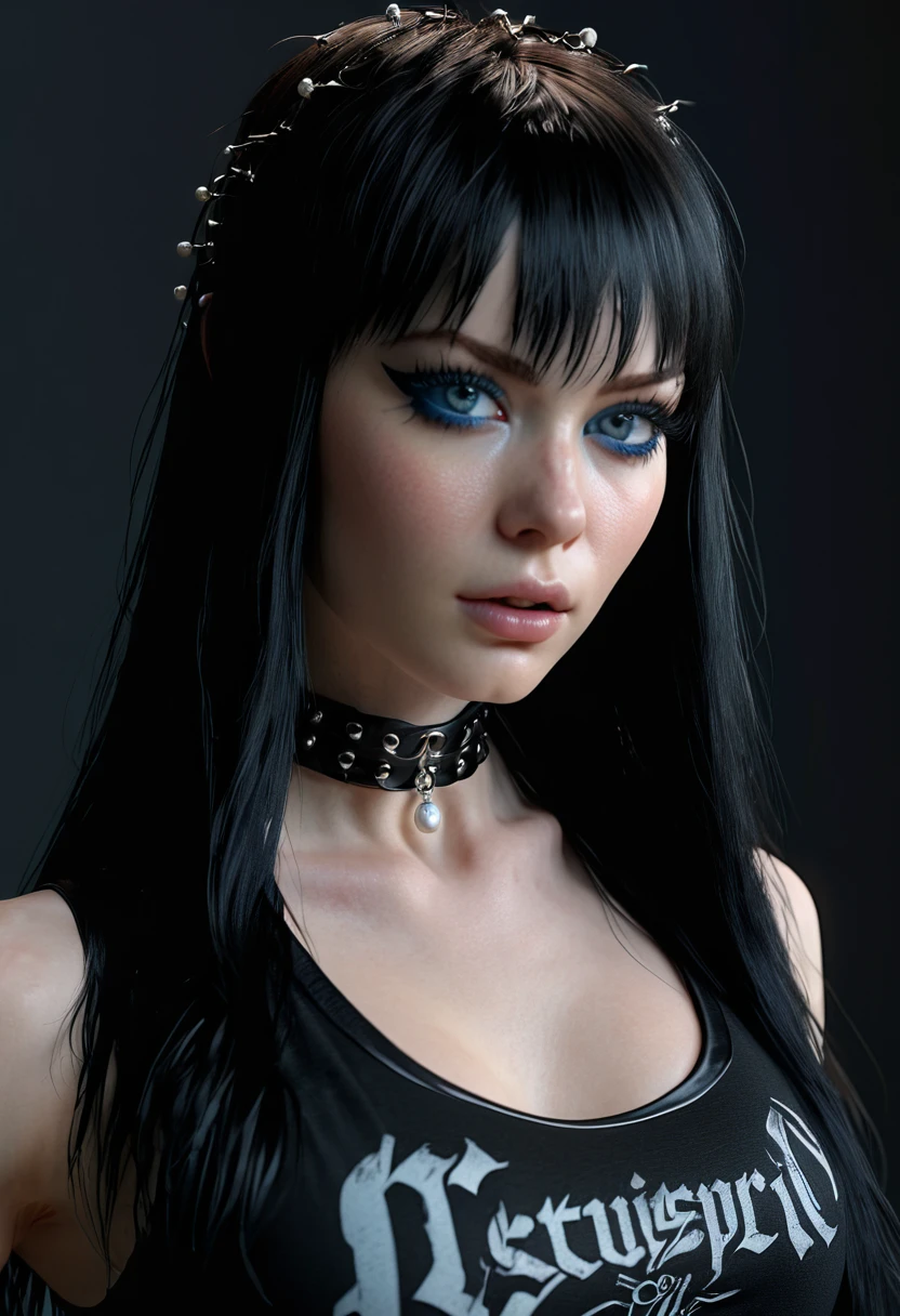 FROM ABOVE, Madelaine Petsch, JANE MARGOLIS ((Pale Skin)), ((Pearl Skin)), ((black hair with bangs)), ((wearing black band shirt)) Sexy Yongue Woman ((She has long straight black hair with straight bangs above her eyebrows and icy light blue eyes, pale skin, a atletic defined toned body, a thin waist, wide hips and. She really likes heavy metal and post punk, she knows how to fight karate, capoeira and Brazilian jiu-jitsu. she always wears black clothes or band shirts along with gothic or metal accessories.)) Portrait ((Perfect Feminine Face)), Precision, 8K, High Detail, (Highly Detailed CG Unity 8K Wallpaper), Ultra-realistic Full Shot Body Image, Beautiful (Skinny) Sexy, Trending in CGSociety, Complex, High Definition, Sharp Focus, Dramatic, Volume Lighting, Digital painting, intense model shooting style, (highly detailed CG Unity 8K wallpaper), full-shot body photos of the most beautiful works in the world, pearl skin, professional majestic oil paintings by Ed Blinkey, Atey, Studio Ghibli, Jeremy Mann, Greg Manchez, Antonio Moro, trending on ArtStation, Trending, Incremental, High Detail, Sharp Focus, Mid Journey and dramatic and photorealistic painting art by Greg Rutkowski at CGSociety
