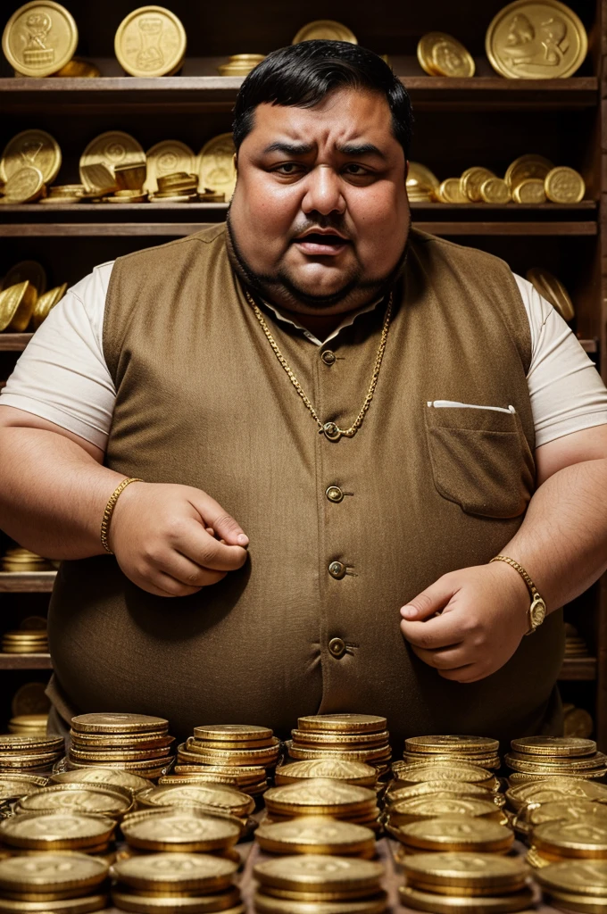 There is a fat shopkeeper who has gold coins in his hands and his emotions are loughing loudly