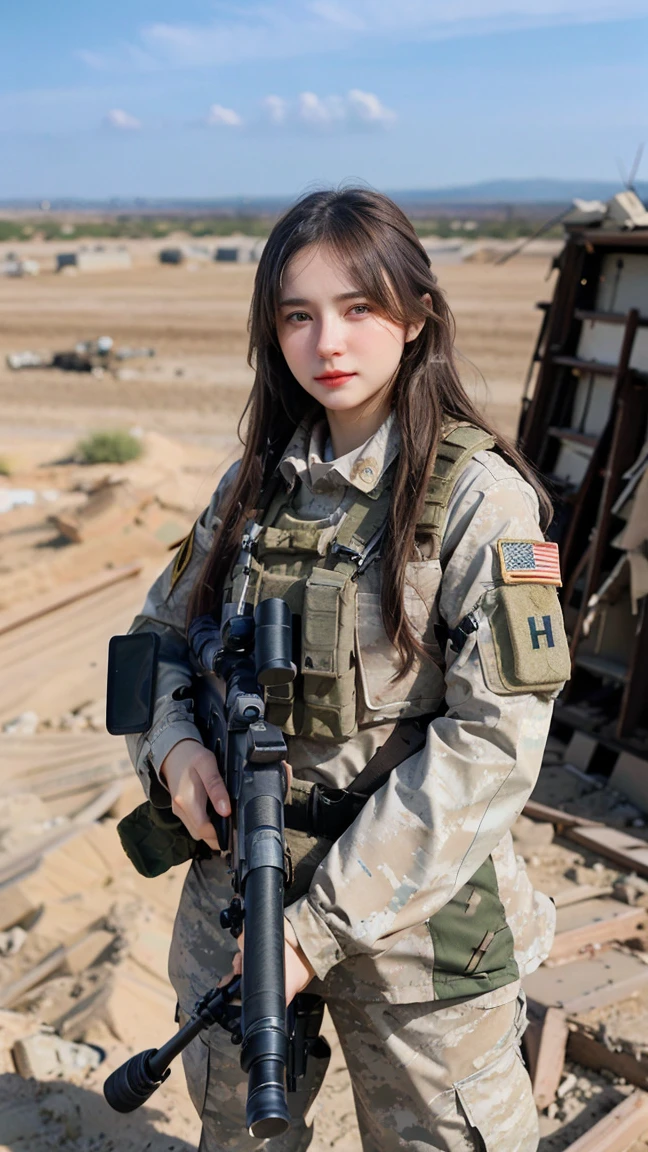 photorealistic、Realistic skin textures、A photo of Dasha Taran, ohwx woman,A beautiful detailed figure of Dasha Taran belonging to the American military is aiming with a sniper rifle.、standing、On the rubble、brown dust smoke、Action poses with movement、Image from front top