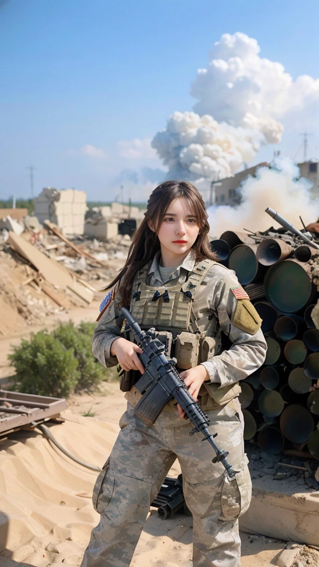 photorealistic、Realistic skin textures、A photo of Dasha Taran, ohwx woman,A beautiful detailed figure of Dasha Taran belonging to the American military is aiming with a sniper rifle.、standing、On the rubble、brown dust smoke、Action poses with movement、Image from front top