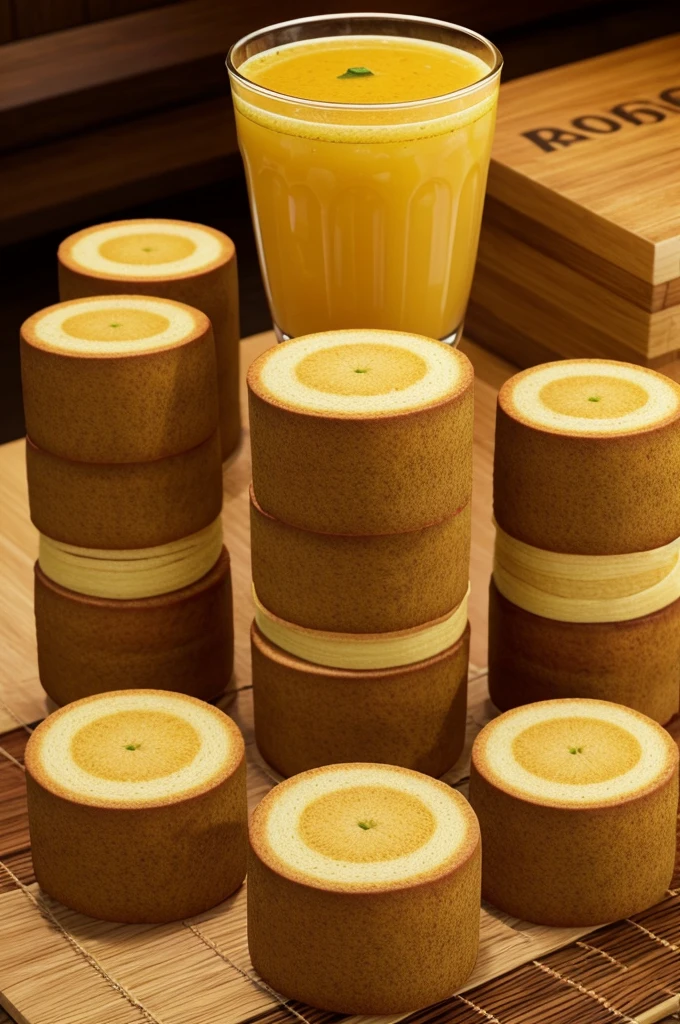 Images for a restaurant menu made of rolls, with an unusual texture, look very appetizing, next to yellow drinks, the picture is very effective, looks like a realistic fresh dish,