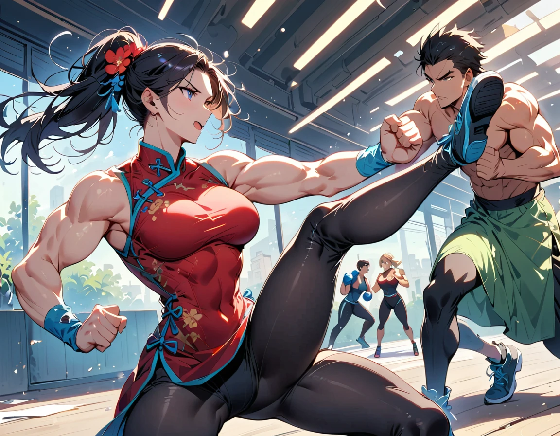 Boxing Match between muscular woman and doing a knee strike, six pack, no men in background , Chinese dress and leggings 