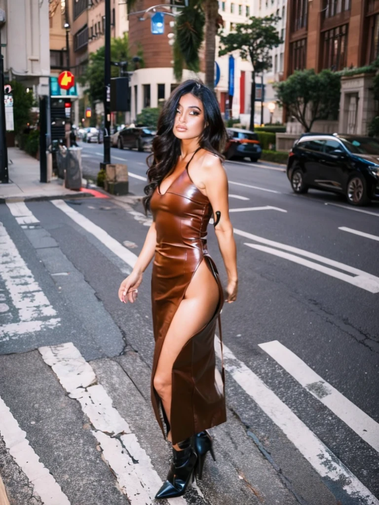 A Chinese prostitute stands on the side of a road, wearing a low-cut tank top with half full breasts exposed, and a low-waisted leather jacket over it. She wore only a short leather skirt, bare thighs and calves, and a pair of high-waisted leather boots on her bare feet. There were a few street girls standing along the road, and they were all scantily dressed to show as much femininity as possible.