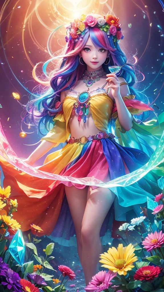 The image you provided appears to be a digital artwork featuring a character with vibrant, multi-colored hair holding a crystal. The background is filled with colorful elements like rainbows and flowers, creating a whimsical and fantastical atmosphere.
Waiting to start 
