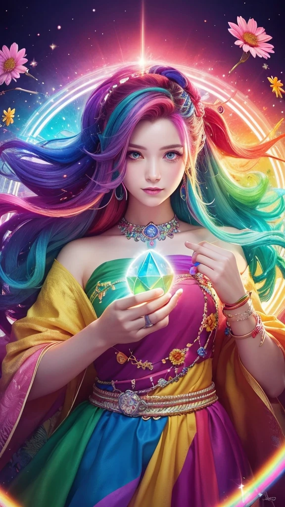 The image you provided appears to be a digital artwork featuring a character with vibrant, multi-colored hair holding a crystal. The background is filled with colorful elements like rainbows and flowers, creating a whimsical and fantastical atmosphere.
Waiting to start 
