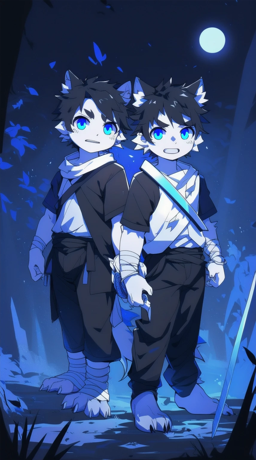 White Wolf,black hair,Sky blue eyes,hairy,Wolf ears,Wolf tail,Full body portrait,The character is in the center of the frame,Handsome,Confident eyes,male,juvenile,Black and white combat uniform,Red neck bib,Black shorts,Short sleeve,hairy arms and legs,Dark background,Dark battlefield,dawn,sunrise,dawn,illumination,shadow,Swordsman,Scabbard and sword,Hold the hilt of a sword in your hand,The scabbard is at the waist,Highest quality