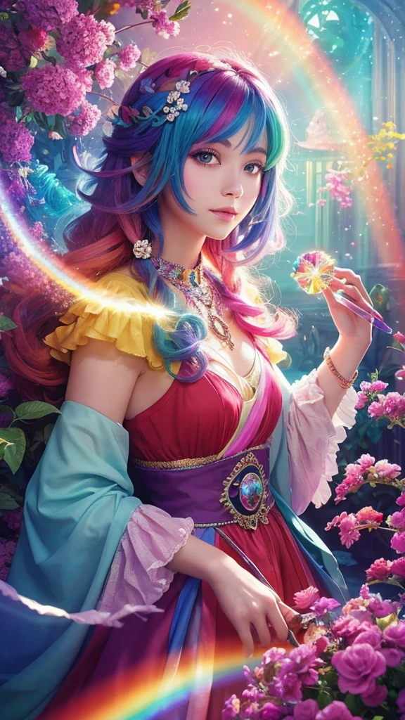 The image you provided appears to be a digital artwork featuring a character with vibrant, multi-colored hair holding a crystal. The background is filled with colorful elements like rainbows and flowers, creating a whimsical and fantastical atmosphere.
Waiting to start