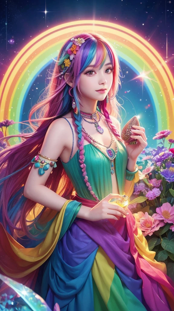 The image you provided appears to be a digital artwork featuring a character with vibrant, multi-colored hair holding a crystal. The background is filled with colorful elements like rainbows and flowers, creating a whimsical and fantastical atmosphere.
Waiting to start