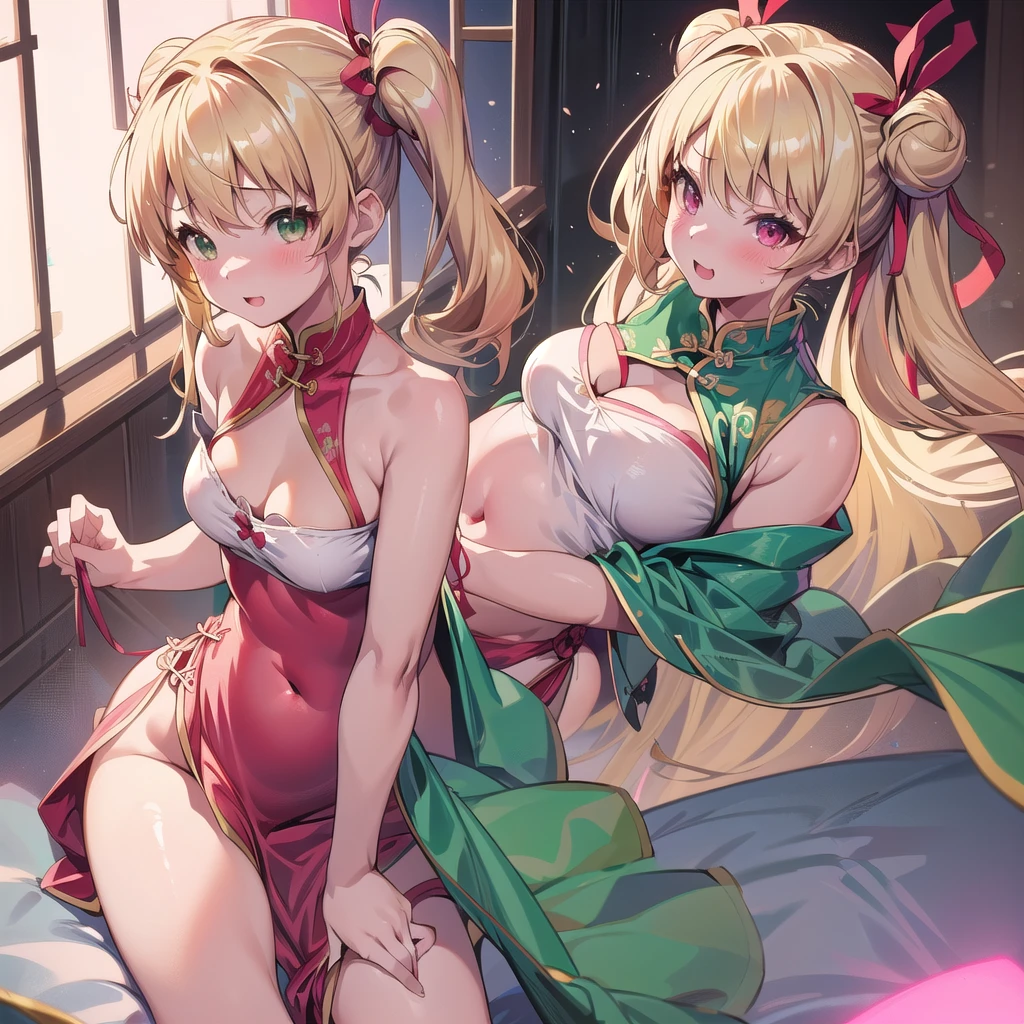 20-year-old,1 girl、cute、blonde、cleavage cutout、(blondeレス:1.3)、(crop top belly button:1)、Glowing Skin、Twin tails、Twin buns、Red ribbon on head、Long Hair、Light green ruffled Chinese dress、From the waist up、Delighted、Pink Border、from the front、bouquet、ass pov、