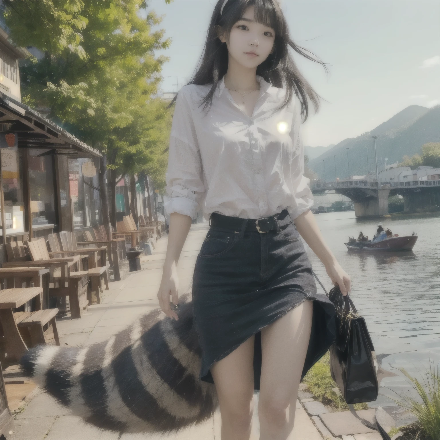 A girl with a raccoon tail is walking down the street, Women's furry mini cute style, Real 3D Style, Realistic Style, , Tanuki tail, , Beautiful and attractive woman, Charming raccoon girl, Smooth, photograph, Highest quality