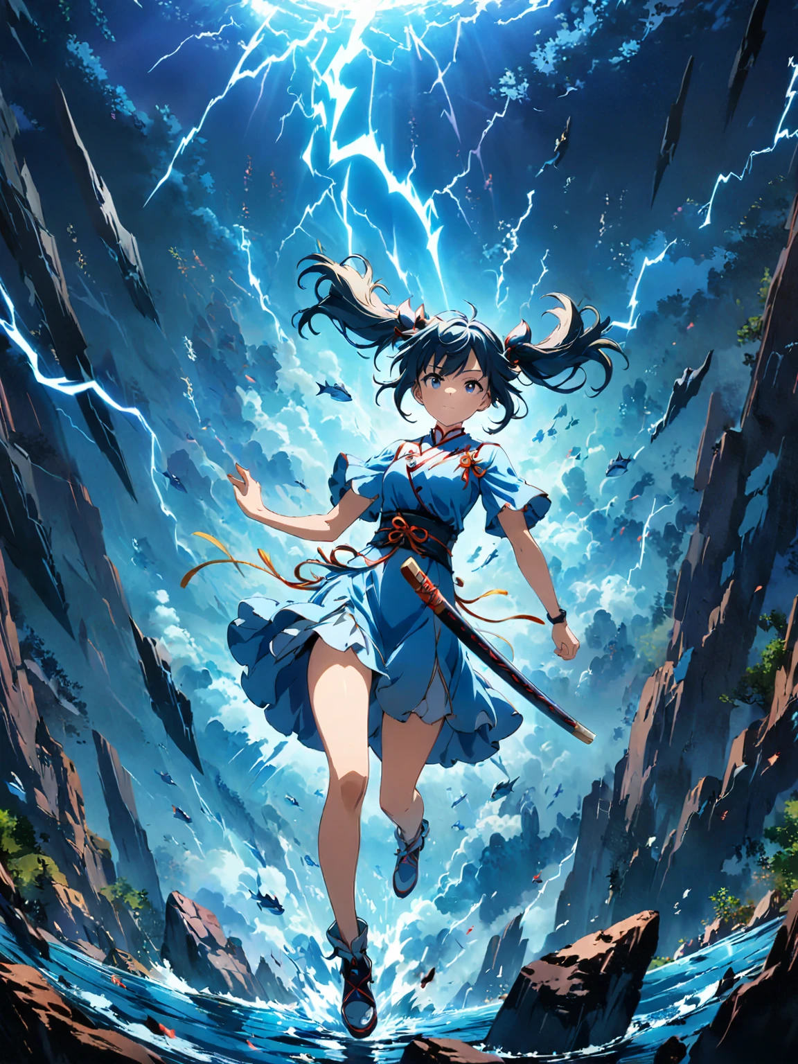 (girl with twin tails:1.3), (2020s Anime screenshot:1.3), (SAMURAI Girl anime character:1.3), (close-up eye shot:1.2), (low angle view:1.2), (lightning slash:1.3), (Chinese sword:1.3), (slashing lightning with motion blur:1.2), (swirling motion around the sword:1.2), (action scene:1.2), (floating:1.2), (fish eye lens:1.2), (Jump | Running | Inversion | Spin:1.2), (anime girl in blue dress flying with sword in the sky:1.3), (Makoto Shinkai Cyril Rolando:1.2), (wallpaper anime blue water:1.2), (4k anime wallpaper:1.3), (sword and wand - water:1.2), (anime style 4k:1.3), (anime wallpaper 4k:1.3), (anime wallpaper 4k:1.3), (anime girl walking on water:1.2), (anime epic artwork:1.2), (anime art wallpaper 4k:1.2), (anime art wallpaper 4k:1.2), (masterpiece:1.3), (best quality:1.3), (extremely detailed CG Unity 8k wallpaper:1.3), (best quality:1.3), (best illustration award:1.2), (best shadow:1.2), (absurd:1.2), (realistic lighting:1.3), (abyss:1.2), (beautiful detailed glow:1.2), (Peter MohrBacher art work:1.1)
