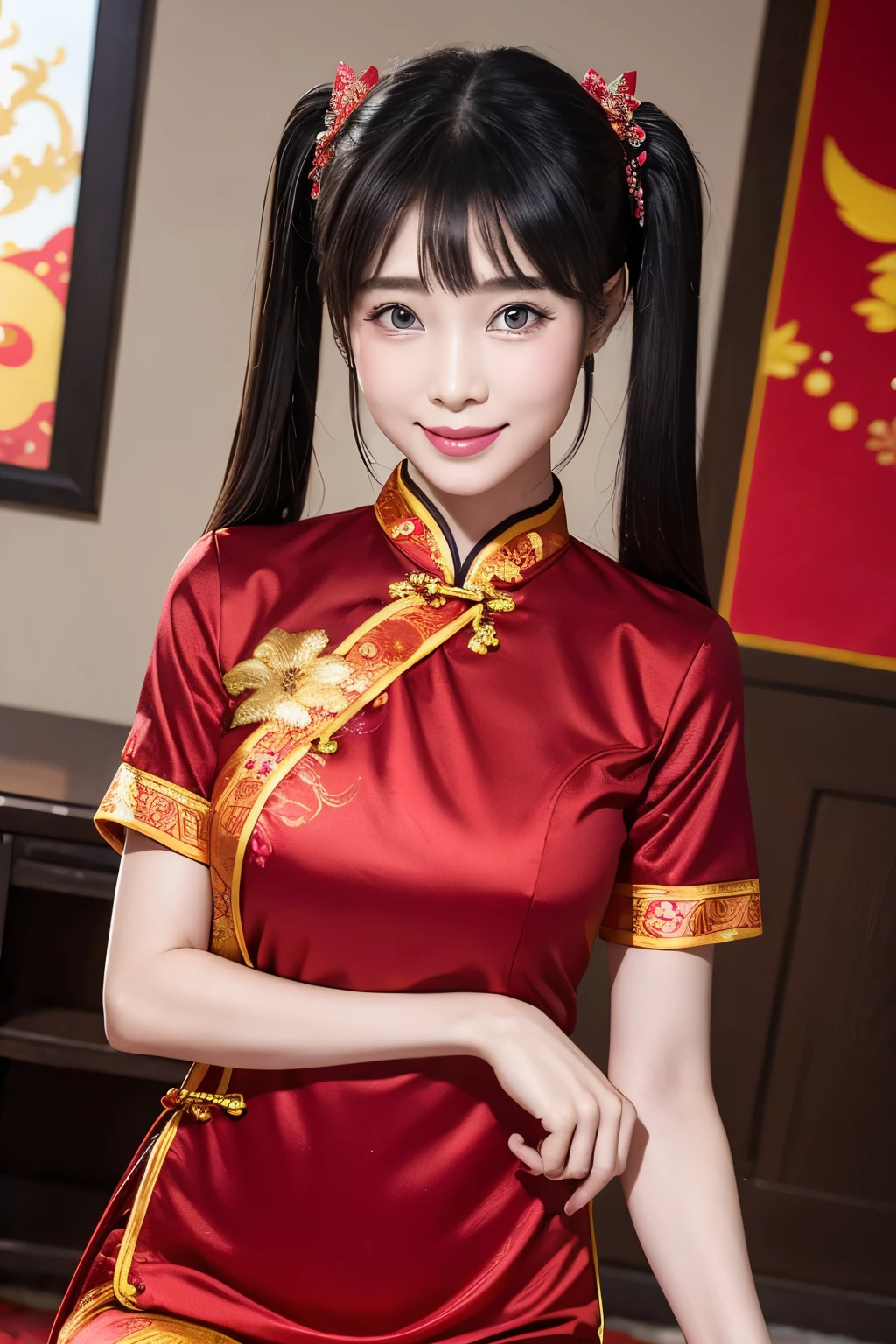 Eyes are very fragile，Twin Tails Cheongsam，Chinese New Year decorations（（Smile artwork）））， （（best quality））， （（Intricate details））， （（Surreal））（8K）