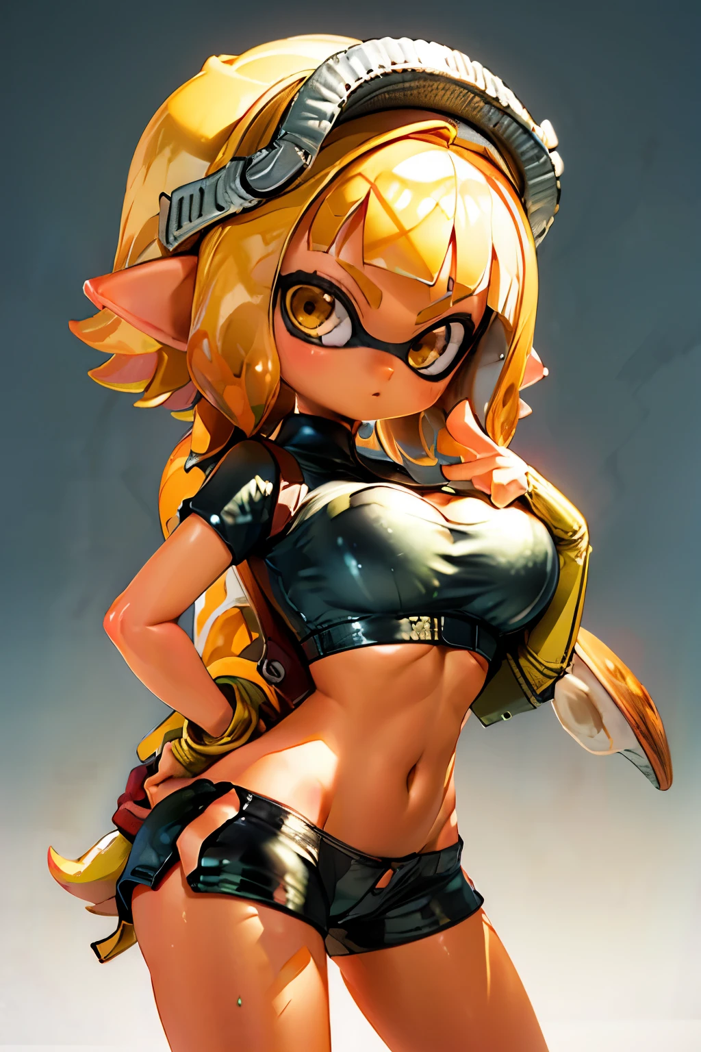 masterpiece, Highest quality, (Sharp focus:1.2),
One Splatoon girl, alone, Are standing, Dynamic pose,
impact, Crop top, Shorts,
gigantic breast, Cleavage、Underbust, belly button,
Golden Eyes、Beautiful and shiny tentacle hair, Multicolored short tentacle hair、(Blunt bangs:1.3),
Simple Background,
Real Anime, 3d、Rumiko Takahashi, John William Waterhouse, Yoshitaka Amano, 1990s \(style\), retro artstyle