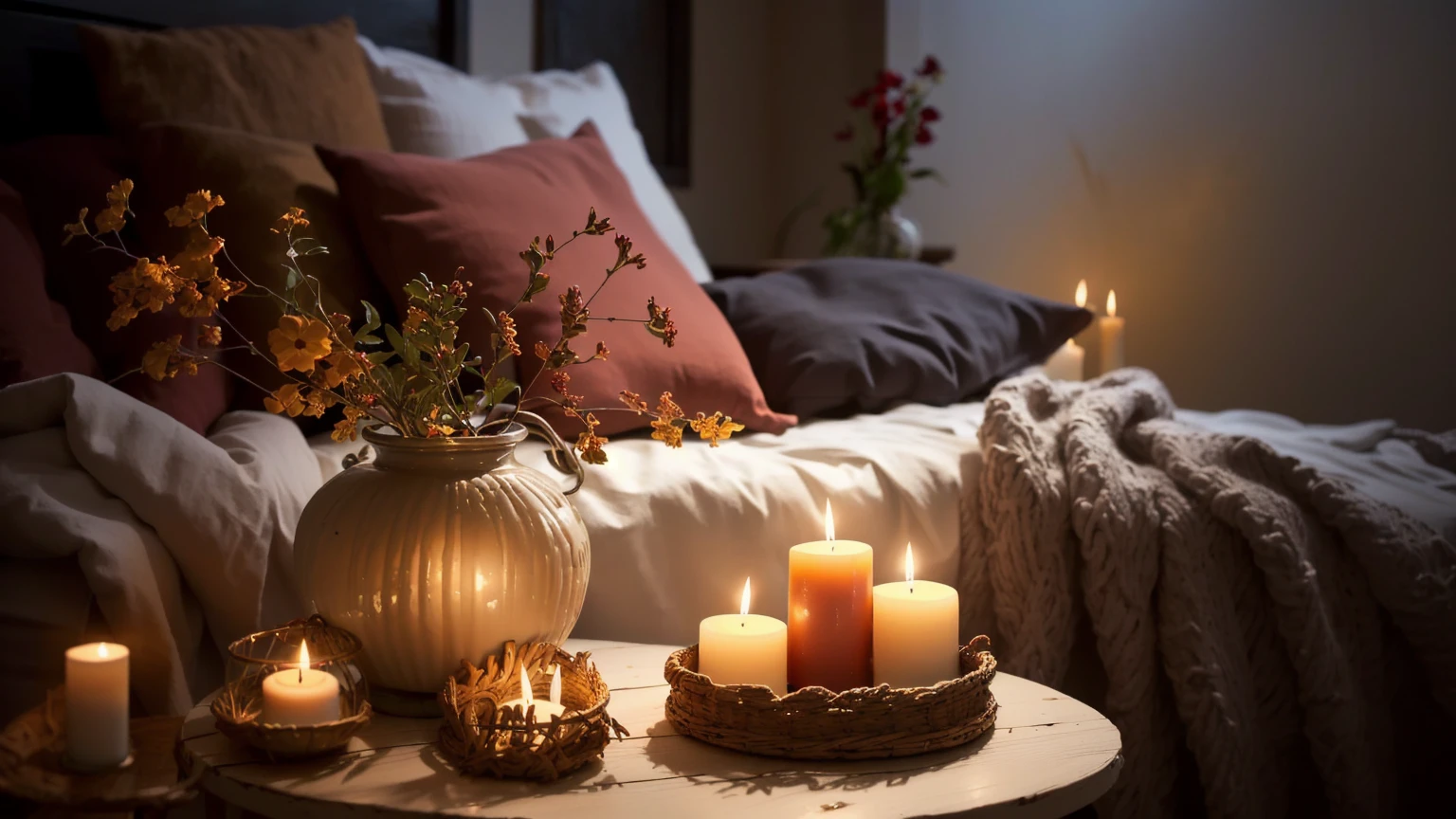 A lit candle on a table in a bedroom with a bed, Cozy candlelight, Cozy atmosphere, Candlelit, Cozy and quiet atmosphere, Cozy atmosphere, Cozy and calm, room full of candles, Cozy atmosphere, Warm and cozy colors, Cozy place, Cozy atmosphere, Romantic atmosphere, Pleasant atmosphere, Beautiful atmosphere, Comfortable bed, Romantic atmosphere