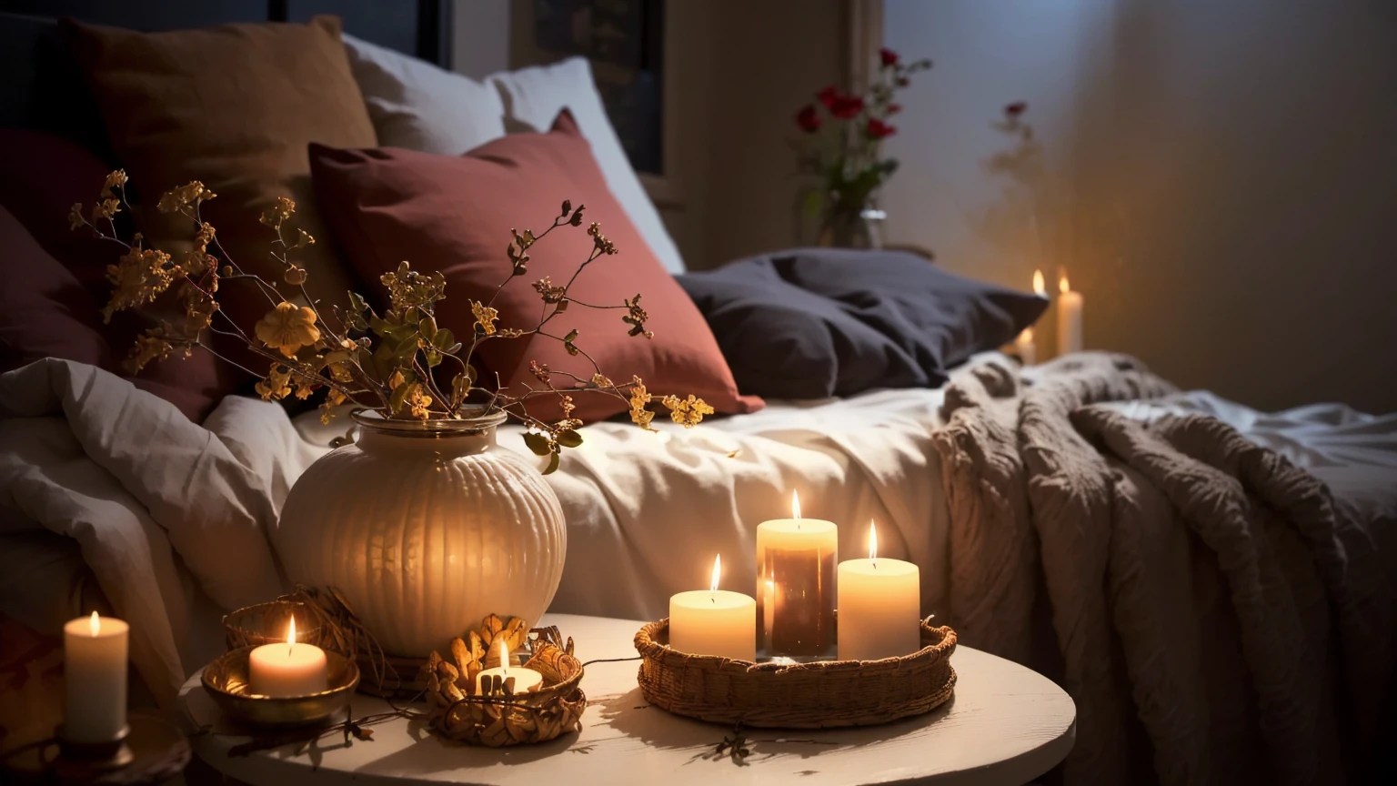 A lit candle on a table in a bedroom with a bed, Cozy candlelight, Cozy atmosphere, Candlelit, Cozy and quiet atmosphere, Cozy atmosphere, Cozy and calm, room full of candles, Cozy atmosphere, Warm and cozy colors, Cozy place, Cozy atmosphere, Romantic atmosphere, Pleasant atmosphere, Beautiful atmosphere, Comfortable bed, Romantic atmosphere