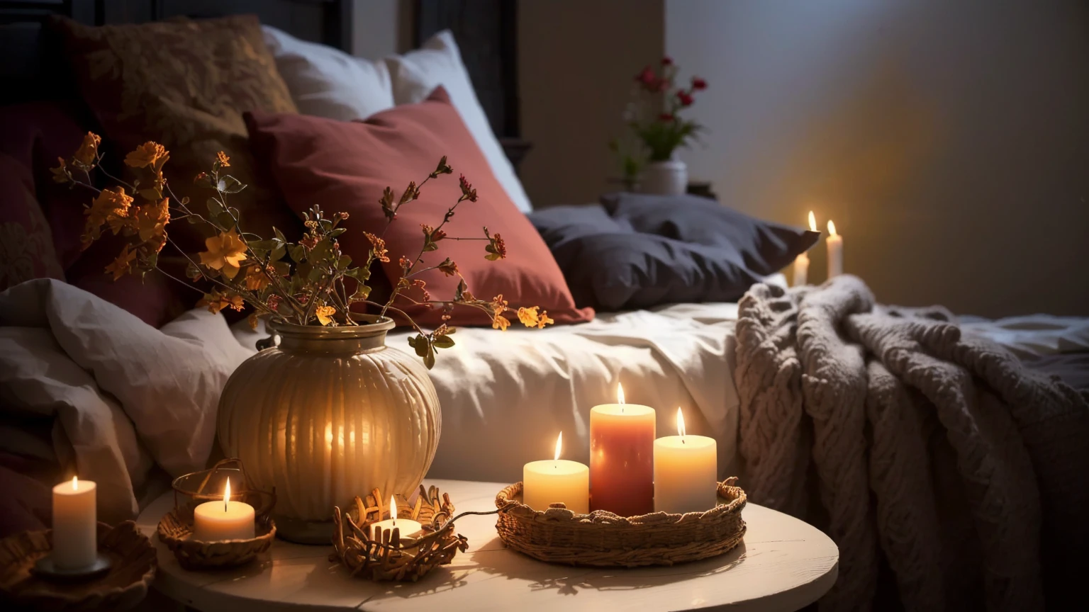 A lit candle on a table in a bedroom with a bed, Cozy candlelight, Cozy atmosphere, Candlelit, Cozy and quiet atmosphere, Cozy atmosphere, Cozy and calm, room full of candles, Cozy atmosphere, Warm and cozy colors, Cozy place, Cozy atmosphere, Romantic atmosphere, Pleasant atmosphere, Beautiful atmosphere, Comfortable bed, Romantic atmosphere