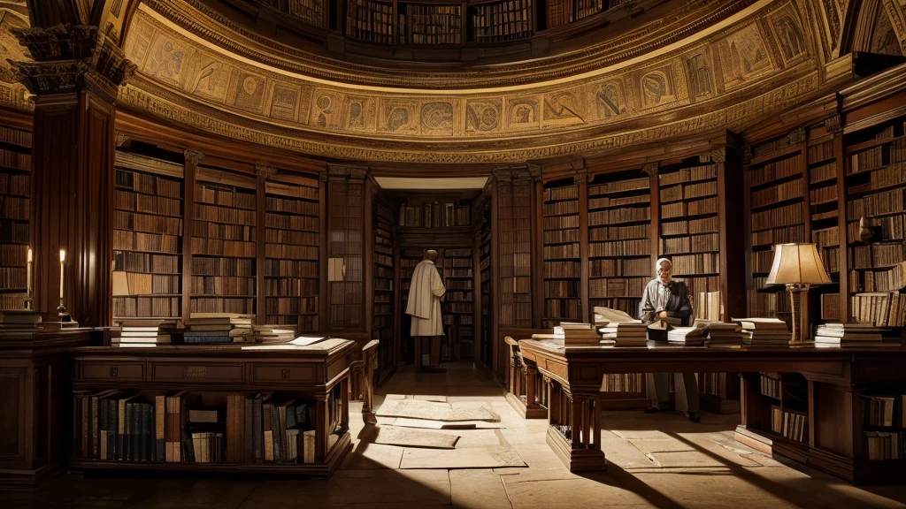 An intriguing image that suggests a search for answers. It depicts several scholars in an ancient library, surrounded by books and parchment. The atmosphere is one of discovery and surprise, with details such as notes and old maps, highlighting the feeling of exploring a mystery deep. In the center, an open book with a representation of Moses and an enigmatic figure disappearing in the background.