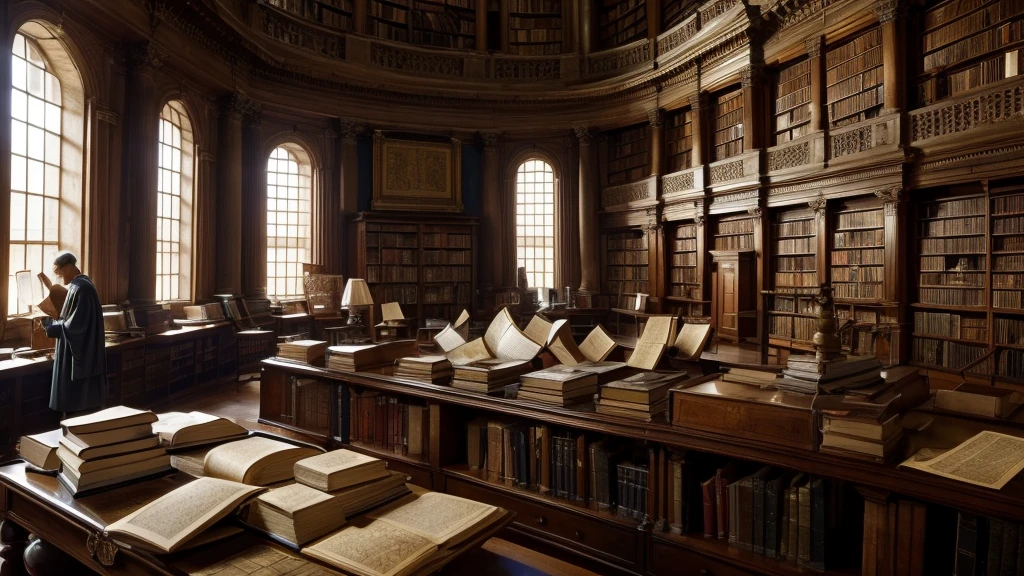 An intriguing image that suggests a search for answers. It depicts several scholars in an ancient library, surrounded by books and parchment. The atmosphere is one of discovery and surprise, with details such as notes and old maps, highlighting the feeling of exploring a mystery deep. In the center, an open book with a representation of Moses and an enigmatic figure disappearing in the background.
