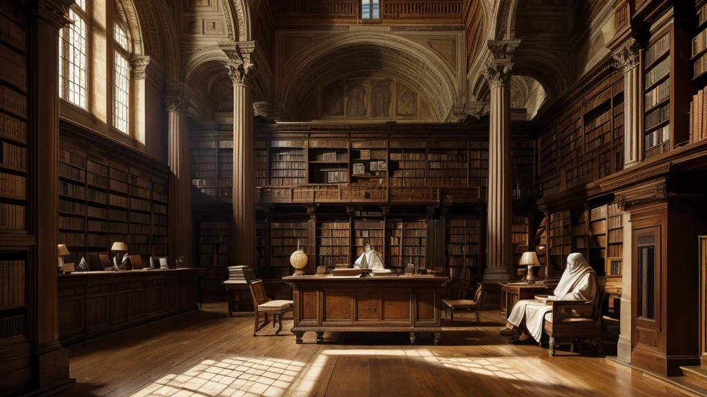 An intriguing image that suggests a search for answers. It depicts several scholars in an ancient library, surrounded by books and parchment. The atmosphere is one of discovery and surprise, with details such as notes and old maps, highlighting the feeling of exploring a mystery deep. In the center, an open book with a representation of Moses and an enigmatic figure disappearing in the background.