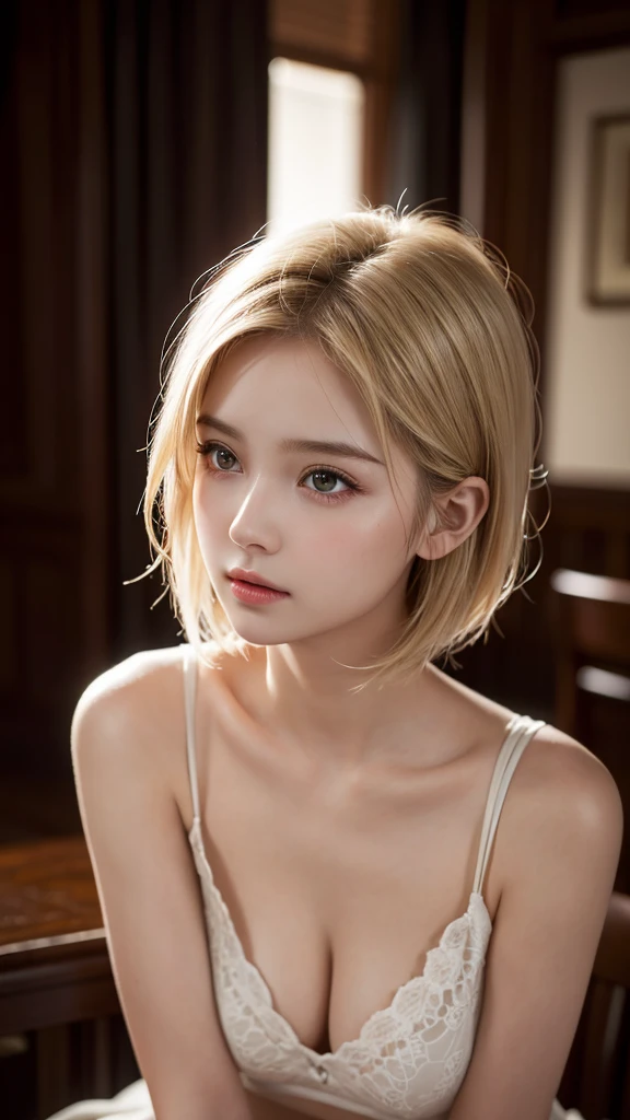 8k, highest quality, tabletop:1.2, (realistic, photorealistic:1.37), highest quality, beautiful young woman, pensive expression, gentle eyes, shy, short hair, blonde, disheveled mood, cinematic background, fair skin tone