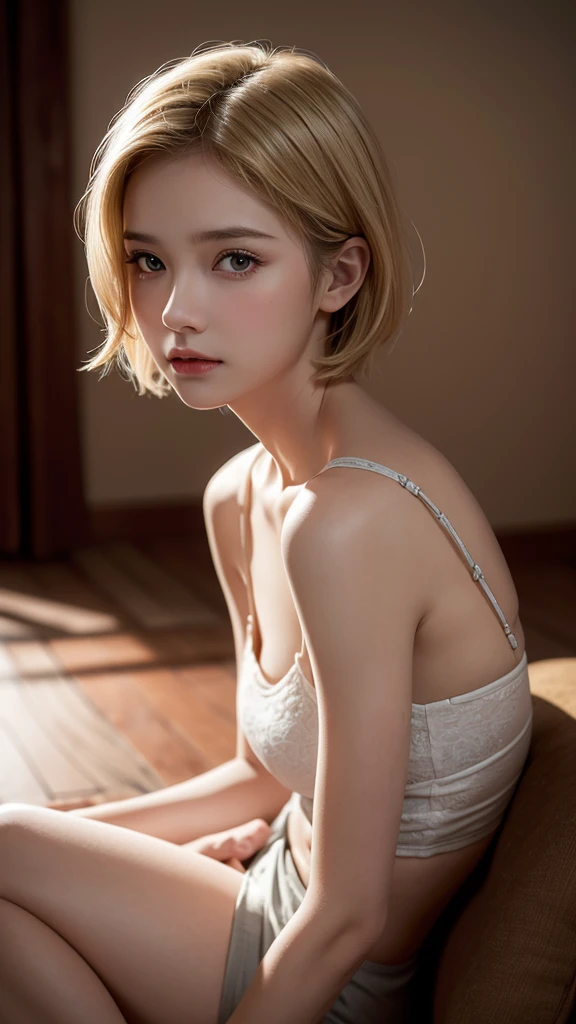 8k, highest quality, tabletop:1.2, (realistic, photorealistic:1.37), highest quality, beautiful young woman, pensive expression, gentle eyes, shy, short hair, blonde, disheveled mood, cinematic background, fair skin tone