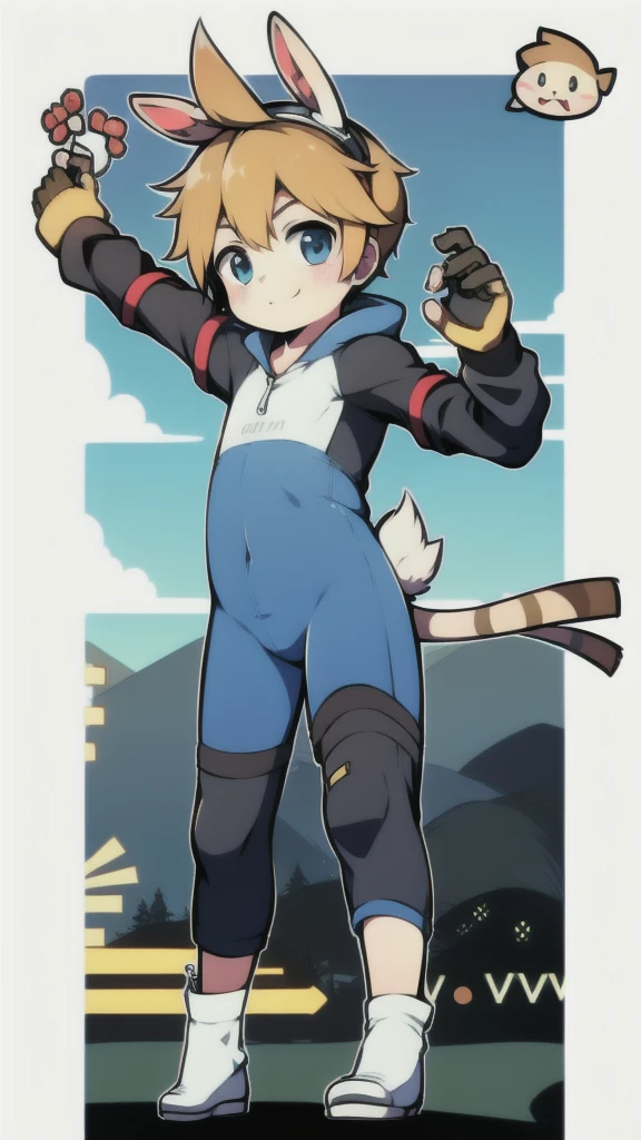 ((A young boy)),(Youthful feeling),One-piece mountaineering suit,Slender figure,Healthy limbs,Goggles,Fingerless gloves,Cotton socks,Short sleeve,stand up,Smile,Rabbit ears,Rabbit Tail