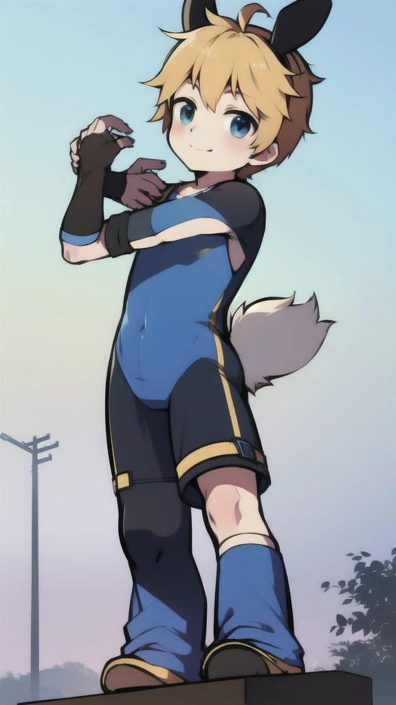 ((A young boy)),(Youthful feeling),One-piece mountaineering suit,Slender figure,Healthy limbs,Goggles,Fingerless gloves,Cotton socks,Short sleeve,stand up,Smile,Rabbit ears,Rabbit Tail