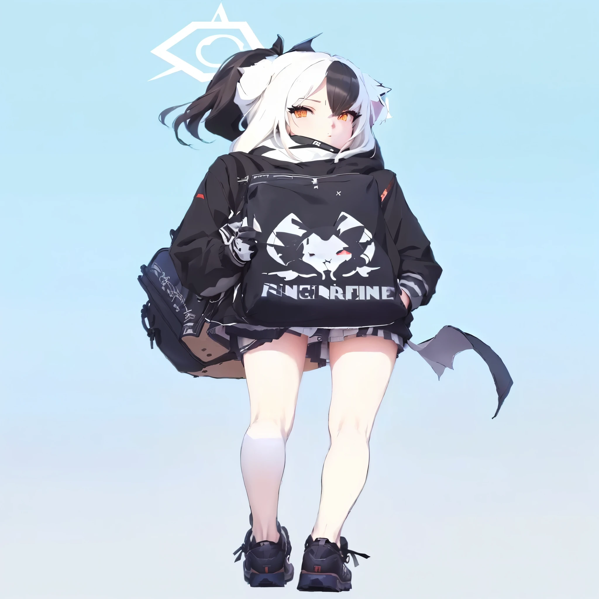 Anime girl wearing a black and white cat hoodie and a black bag., front line girls style, Kantai Collection Style, de arknights, from front line girls, cyberpunk anime girl with hoodie, front line girls cg, front line girls, front line girls universe, fine details. front line girls, Azure Lane Style, arknights, Akane Owari Danganronpa