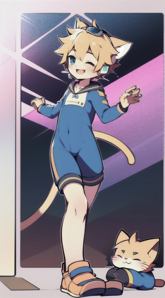 2D Boy Shota，One-piece ski suit，Slim, healthy body，Put the headphones on your head，stand up，goggles，Cat ear，happy，Sailor collar，Lovely