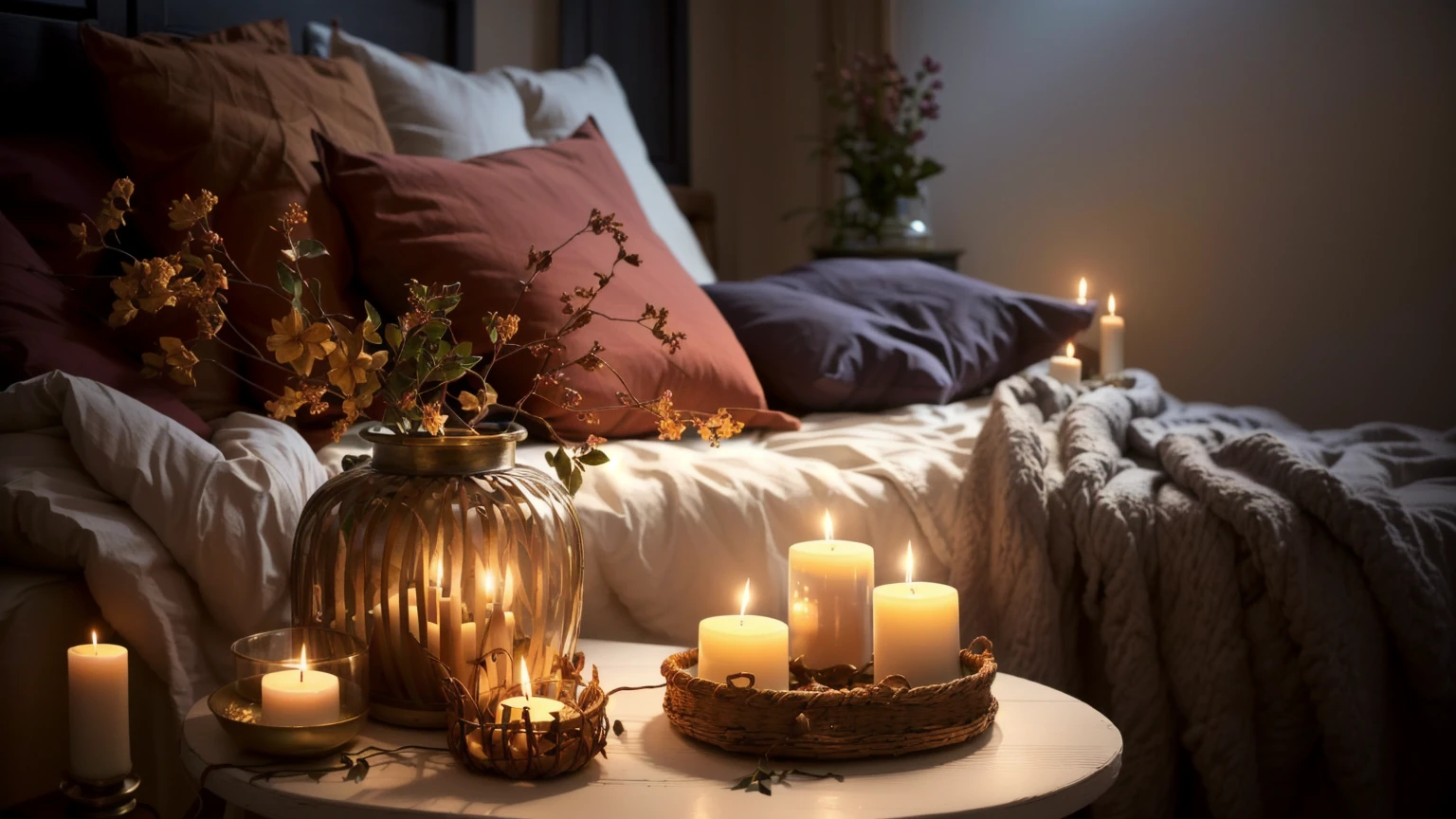 A lit candle on a table in a bedroom with a bed, Cozy candlelight, Cozy atmosphere, Candlelit, Cozy and quiet atmosphere, Cozy atmosphere, Cozy and calm, room full of candles, Cozy atmosphere, Warm and cozy colors, Cozy place, Cozy atmosphere, Romantic atmosphere, Pleasant atmosphere, Beautiful atmosphere, Comfortable bed, Romantic atmosphere