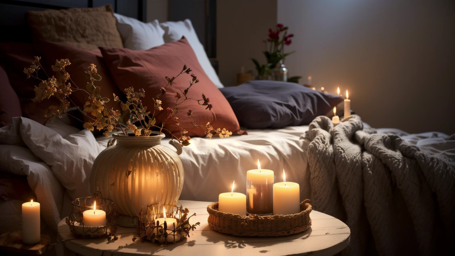 A lit candle on a table in a bedroom with a bed, Cozy candlelight, Cozy atmosphere, Candlelit, Cozy and quiet atmosphere, Cozy atmosphere, Cozy and calm, room full of candles, Cozy atmosphere, Warm and cozy colors, Cozy place, Cozy atmosphere, Romantic atmosphere, Pleasant atmosphere, Beautiful atmosphere, Comfortable bed, Romantic atmosphere