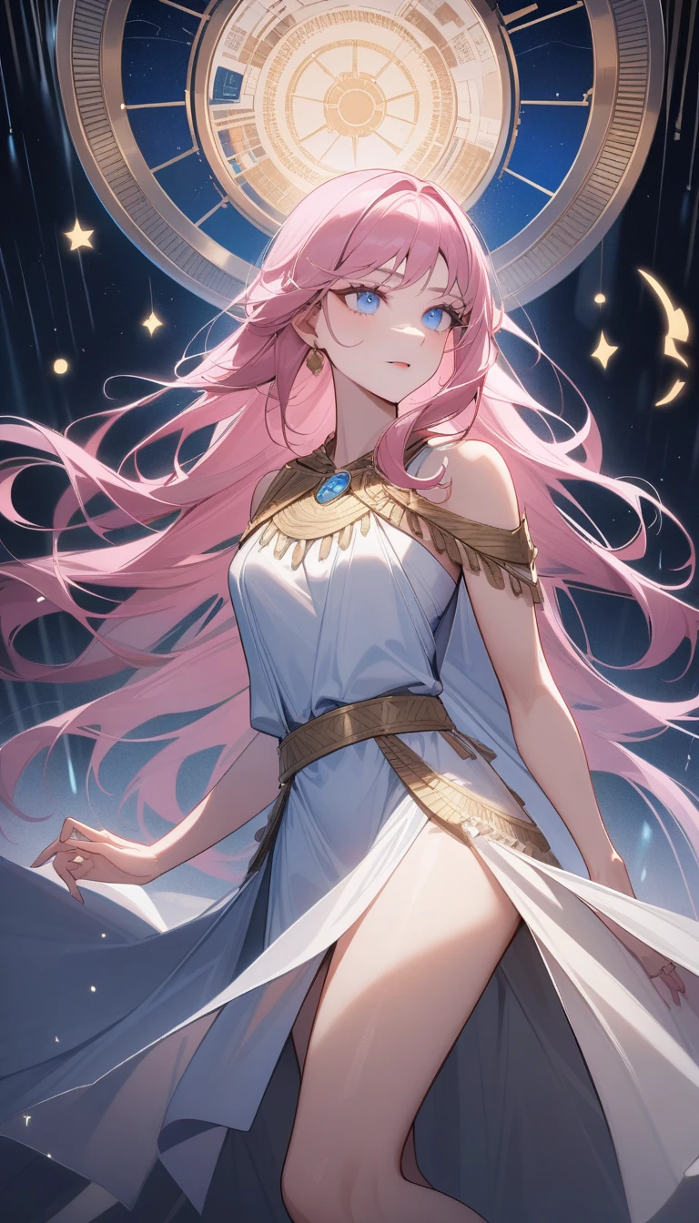(Huang Li、high quality、Extremely detailed),Constellation - Virgo,Similar to Latin goodness,brave,capricious,Productivity,The face of enterprising and humanitarianism,Pink hair,Ancient Greek costumes、Wrap Dress,The background is the universe,Light crystal blue eyes(Eyes Details),Powerful appearance