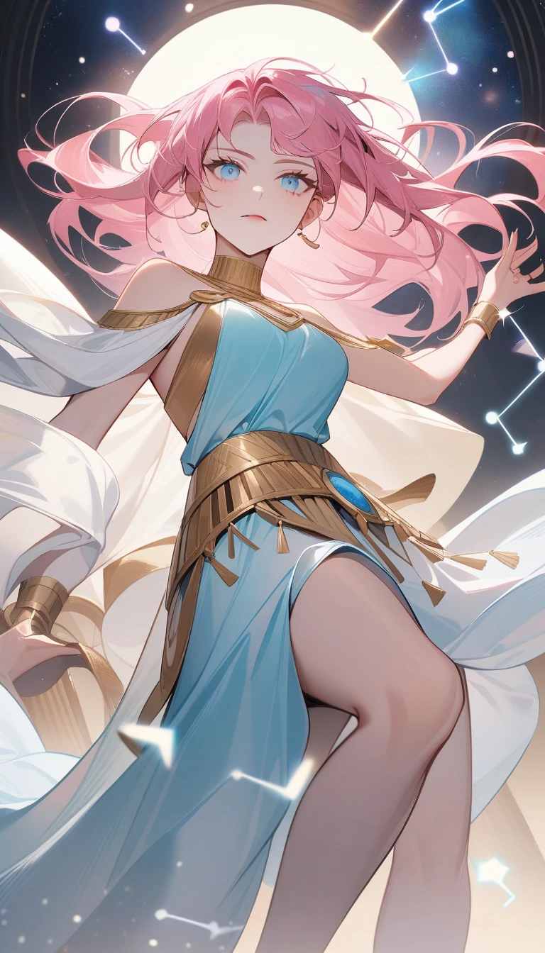 （Huang Li、high quality、Extremely detailed），Constellation - Virgo，Similar to Latin goodness，brave，capricious，Productivity，The face of enterprising and humanitarianism，Pink hair，Ancient Greek costumes、Wrap Dress，The background is the universe，Light crystal blue eyes（Eyes Details），Powerful appearance