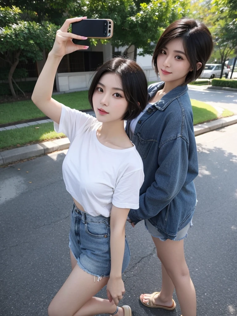 Beautiful japanese woman, short hair, wearing casual outfit, selfie with iphhon camera, selfie, front view, at park