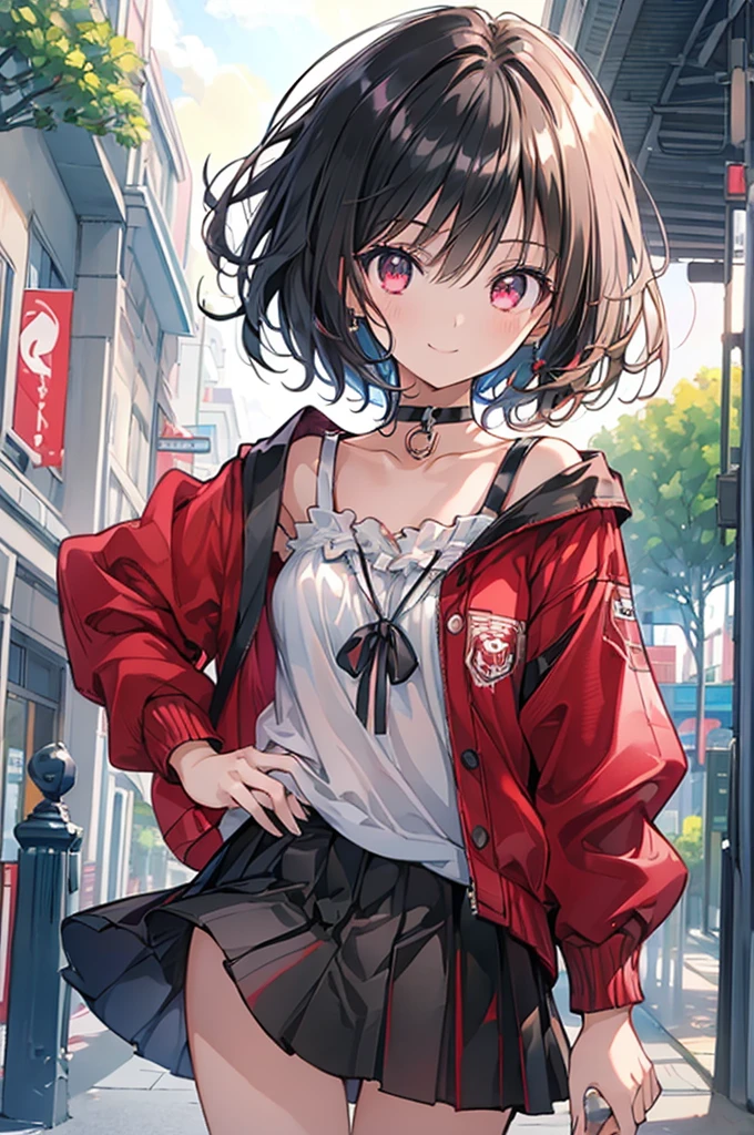 (masterpiece, highest quality, highest quality, (No text), Beautiful and aesthetic:1.2),No text,アニメ、BREAK,One Girl，Black Hair Girl　short hair　older sister　choker　Tree Eyes　Beautiful eyes　Red eyes　cool　smile　Red and Black　Black jacket　mini skirt　whole body　In town