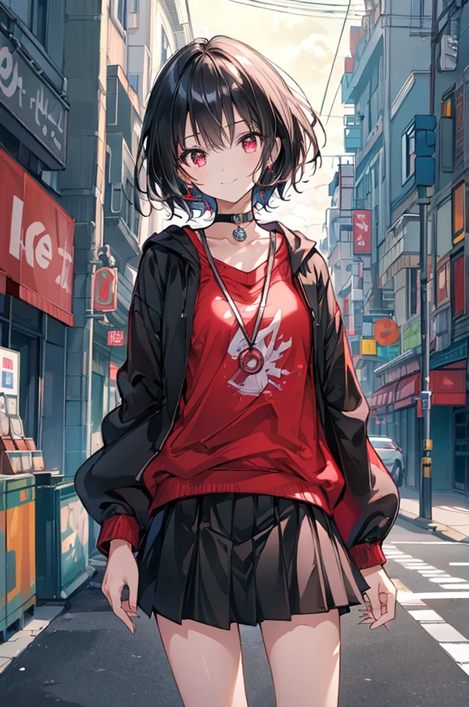 (masterpiece, highest quality, highest quality, (No text), Beautiful and aesthetic:1.2),No text,アニメ、BREAK,One Girl,Black Hair Girl short hair older sister choker Tree Eyes Beautiful eyes Red eyes cool smile Red and Black Black jacket mini skirt whole body In town