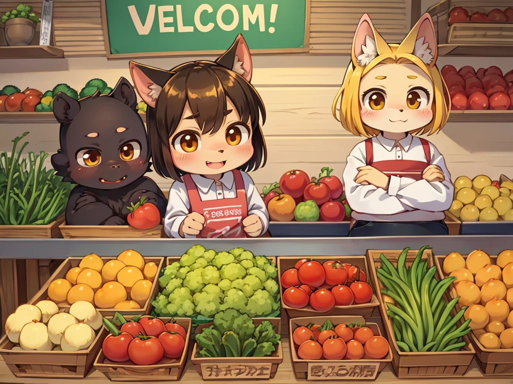 Pig Gorilla, Greengrocer, Kaoru Kumada , Welcome! , pop design , bold line , Fujiko Fujio style , troublemaker , Loved vegetables, and loved by vegetables , stuff one's cheeks