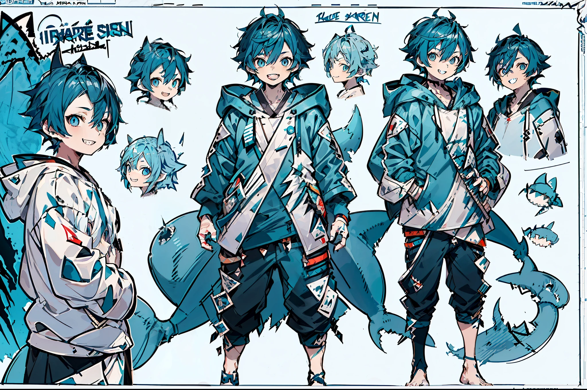 master-piece, hyper quality, hyper detailed, perfect drawing, 1boy, ((Hairstyle: Messy Japanese Round Haircut for Thick Hair)), ((blue hoodie)), ((shark tail)), ((Cute smile and sharp shark teeth), ((blue eyes)), ((blue hair,)) height 167cm, stand still, (character sheet:1.4), (concept art:1.4), fashionable