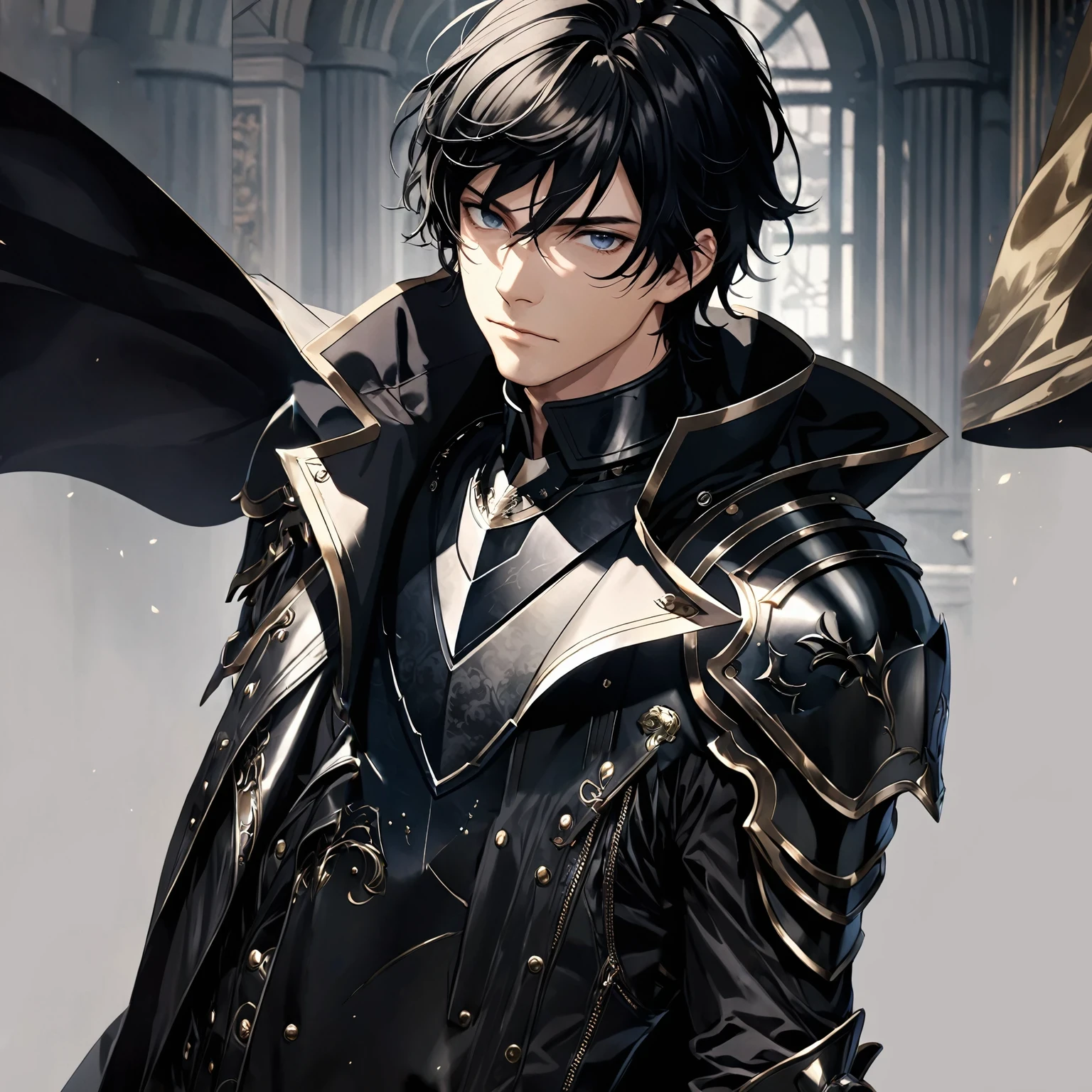 masterpiece, best quality, 1man, adult, male focus, solo, medium hair, black hair, looking at viewer, High quality metal texture, overcoat, closed mouth, upper body, bangs, high collar,(kbxll:0.6), Fantasy aesthetics, Highly detailed, shadowverse style, leather jacket