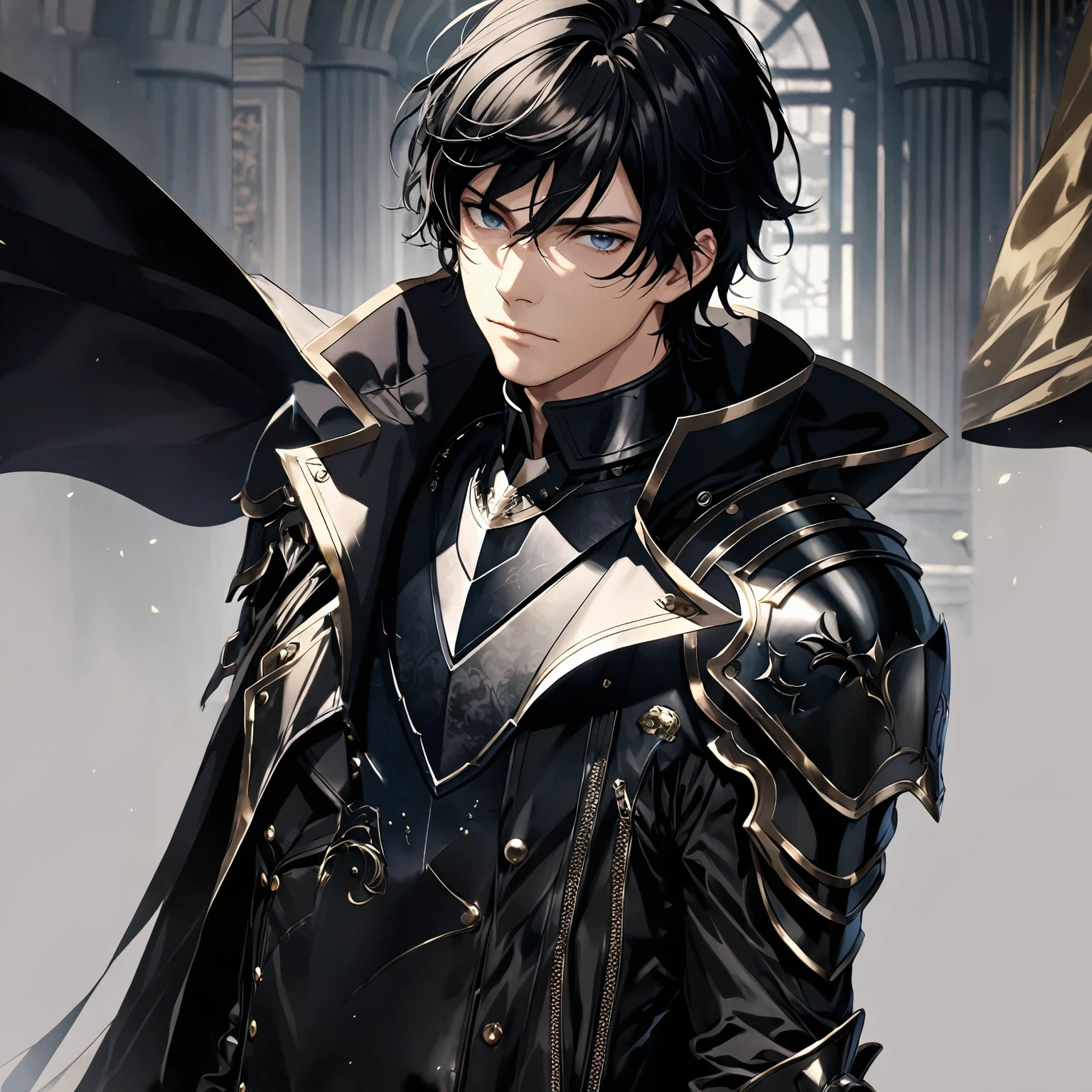 masterpiece, best quality, 1man, adult, male focus, solo, medium hair, black hair, looking at viewer, High quality metal texture, overcoat, closed mouth, upper body, bangs, high collar,(kbxll:0.6), Fantasy aesthetics, Highly detailed, shadowverse style, leather jacket