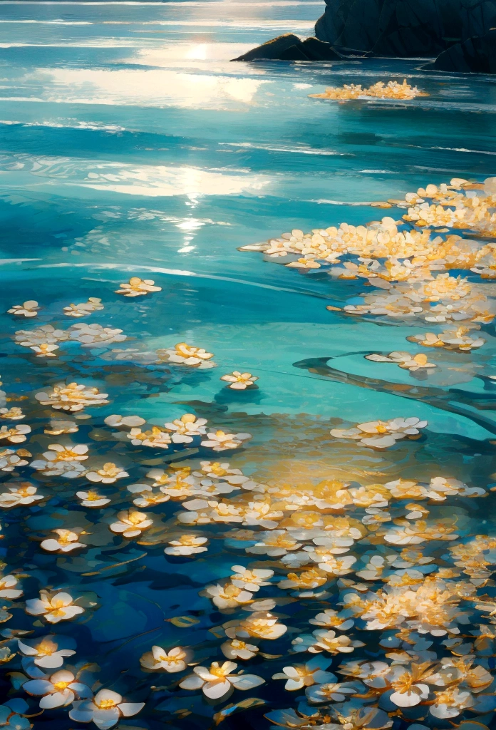 Sparkling water,Sunlight shines on the water,Soft Light泛着金色,The water surface is interwoven with blue and light red,一个年轻的男孩在水面游泳的Back 白色卫衣,Back,Soft Light