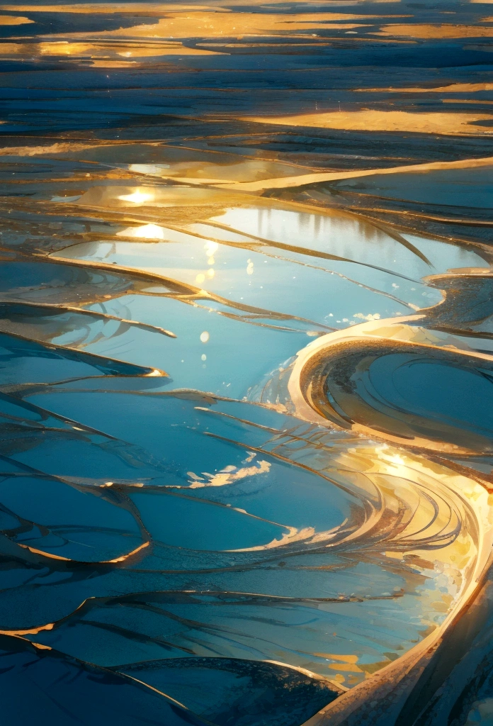 Sparkling water，Sunlight shines on the water，Soft Light泛着金色，The water surface is interwoven with blue and light red，一个年轻的男孩在水面游泳的Back 白色卫衣，Back，Soft Light