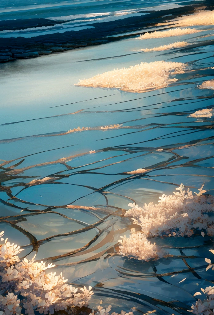 Sparkling water,Sunlight shines on the water,Soft Light泛着金色,The water surface is interwoven with blue and light red,一个年轻的男孩在水面游泳的Back 白色卫衣,Back,Soft Light